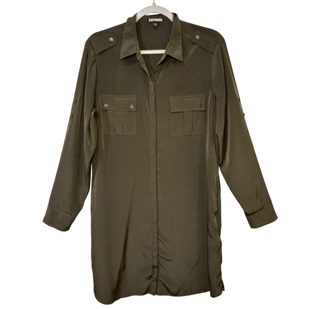 Express Womens Shirt Dress Olive Green Large Utility Safari Military Mini